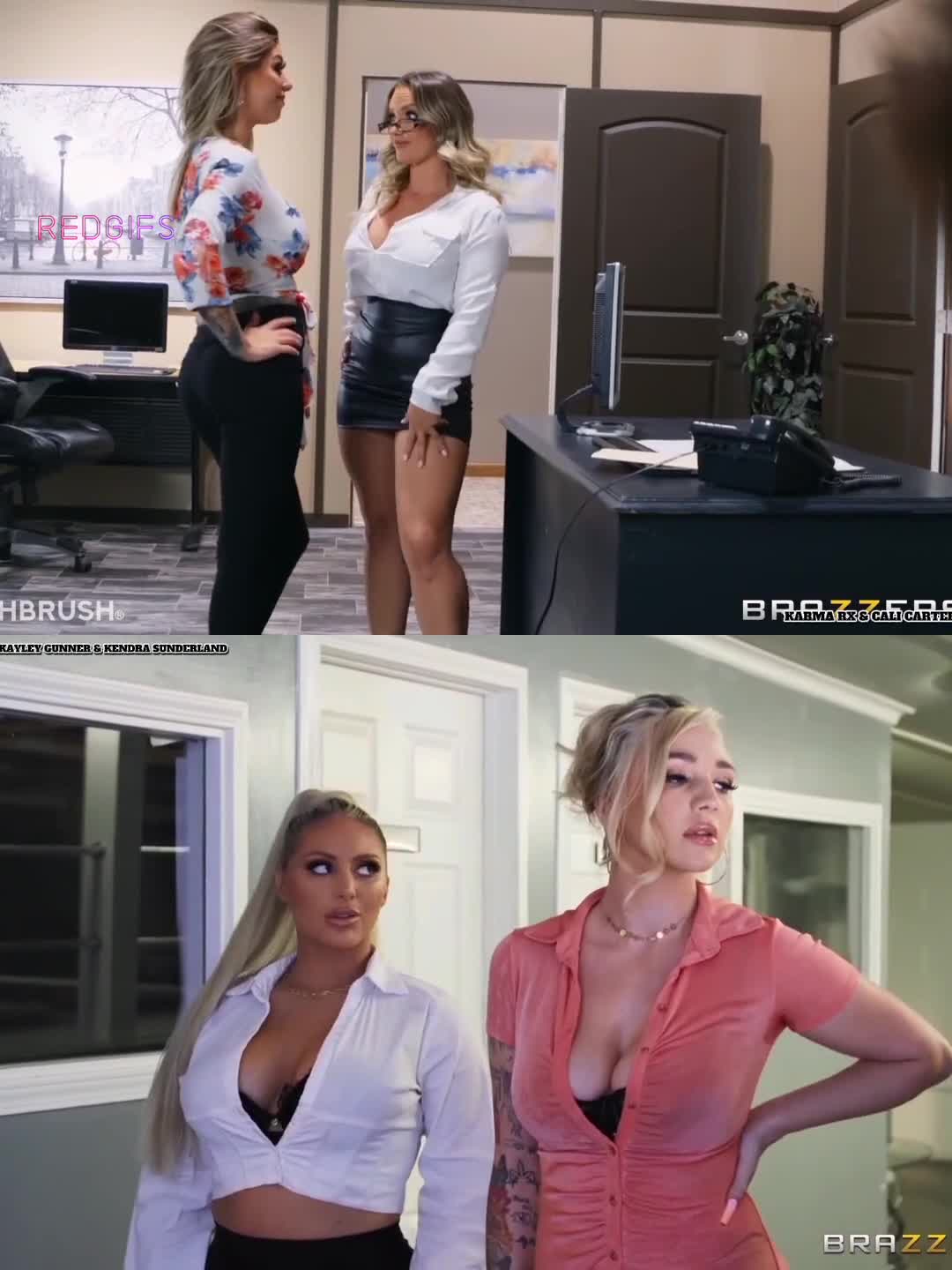 Which slutty secretary duo you fucking: [Karma Rx &amp; Cali Carter]Tits swinging, mouths drooling, beg...